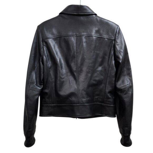 SISLEY Women’s Black Leather Moto Jacket Zip Front Diagonal Pockets Classic 44 - Picture 4 of 11